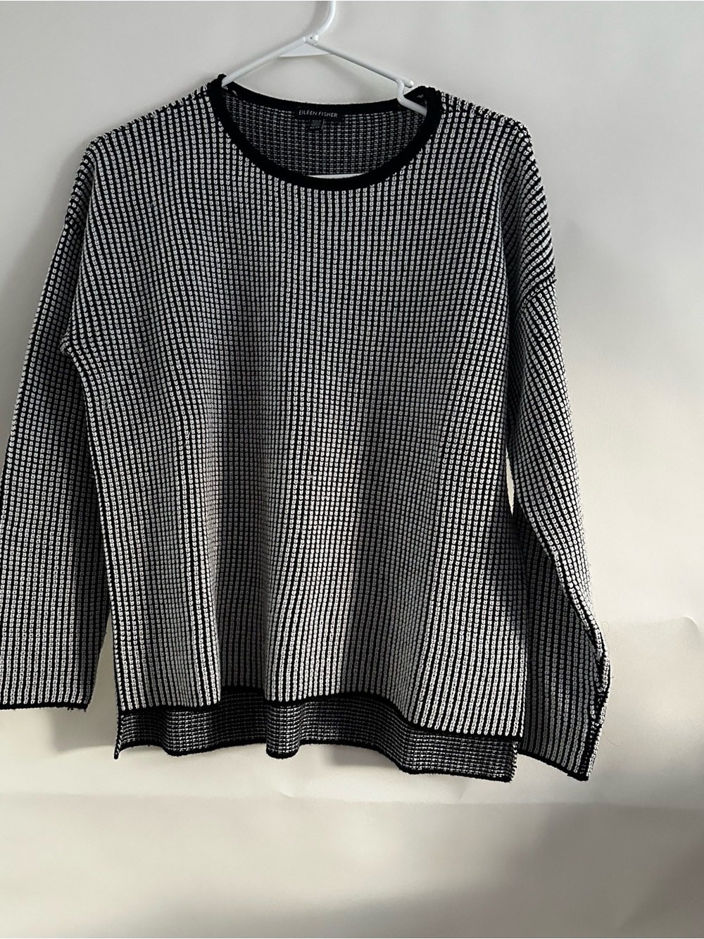Eileen Fisher Merino Wool Ribbed Sweater Black White Boxy XS Italian Yarn